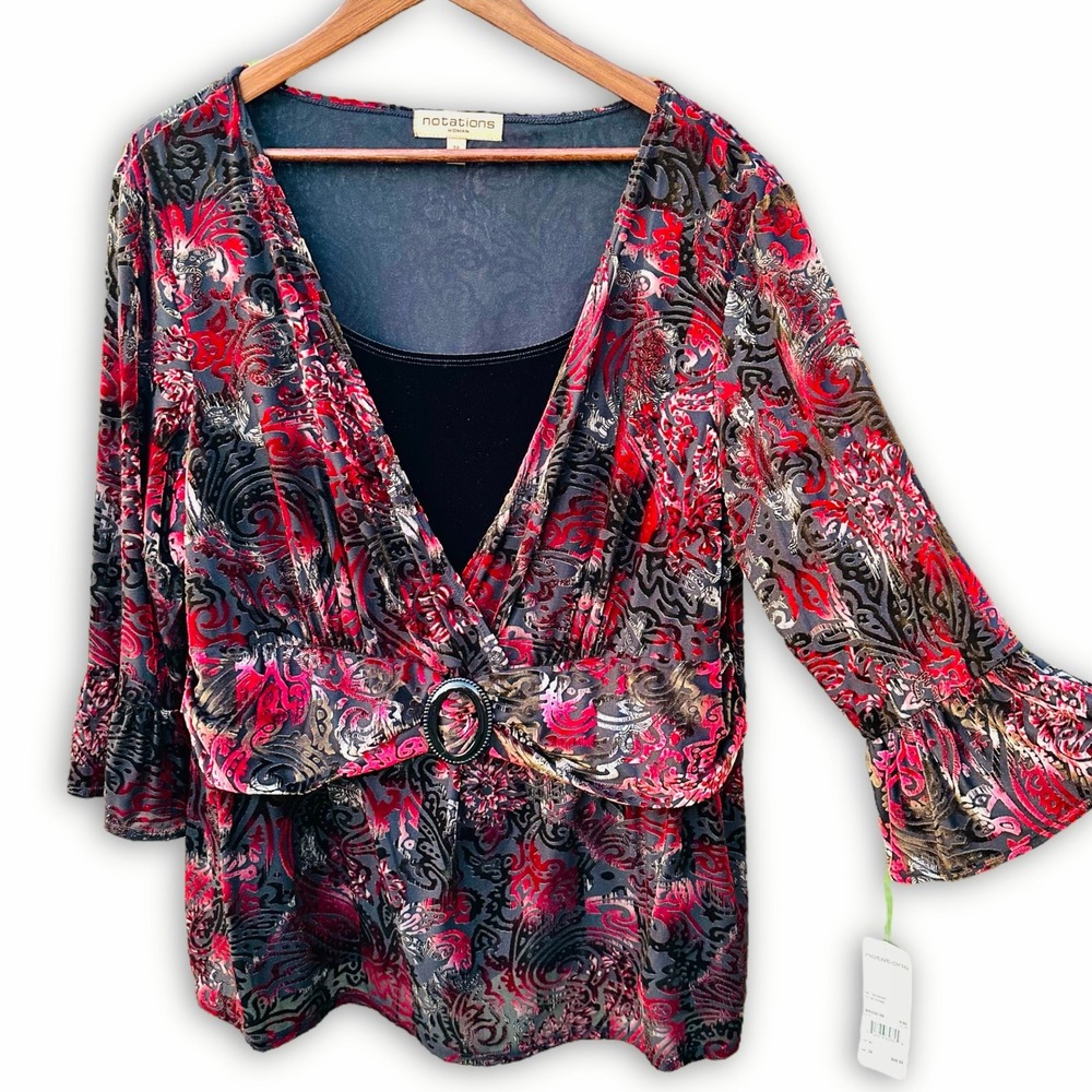 NEW Notations Sz 3X Velvet Burnout Top Paisley‎ Bell Sleeve Built-In Faux Cami